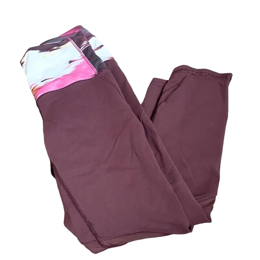 Lululemon Burgundy Wunder Under Crop Hi Rise Shine On Leggings Size 2